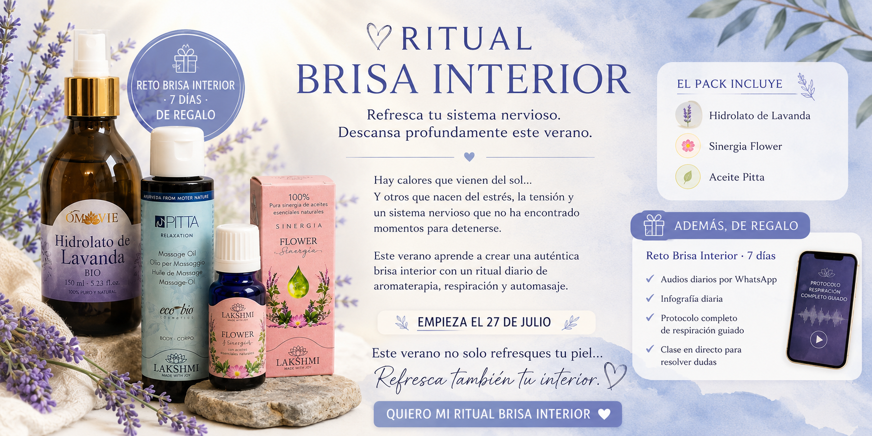 Pack Ritual Brisa Interior con Hidrolato de Lavanda, Sinergia Flower y Aceite Pitta